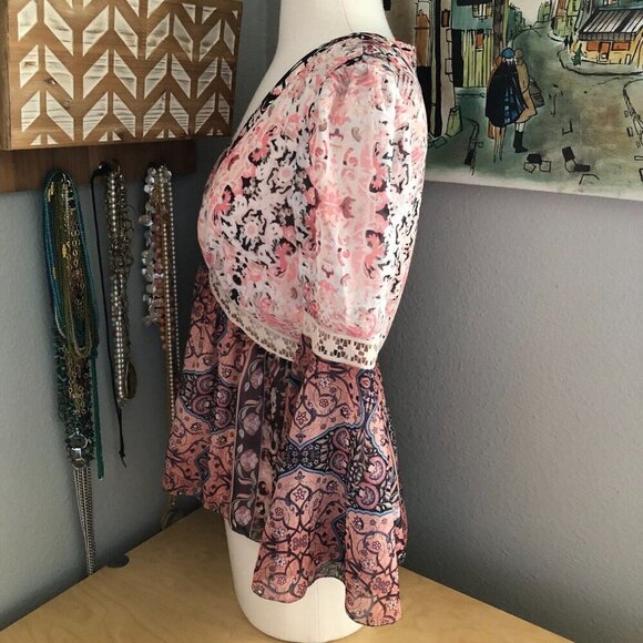 Y2K Vintage Bebe Silk Babydoll Empire Waist Bell Sleeve Blouse - Picture 5 of 15